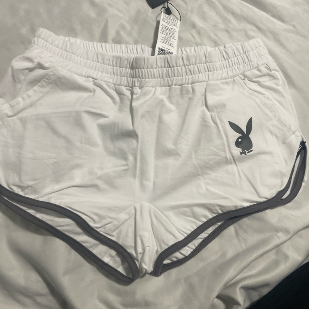 PLAYBOY White and Gray Athletic Shorts Lightweight Elastic Waist